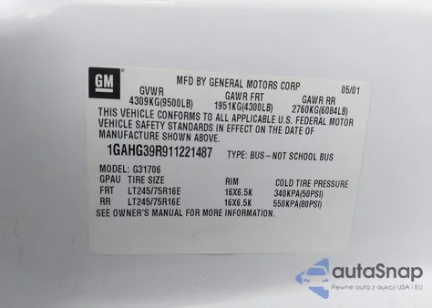 2001 Chevrolet Express from USA, damaged, VIN 1GAHG39R911221487